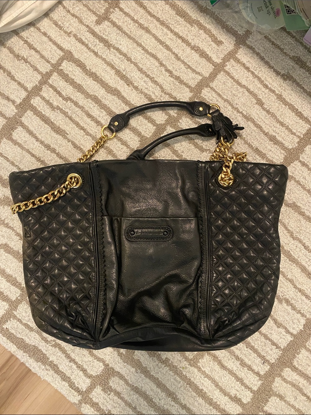 Juicy Couture Black Quilted Leather Tote with Gold Chain Handles